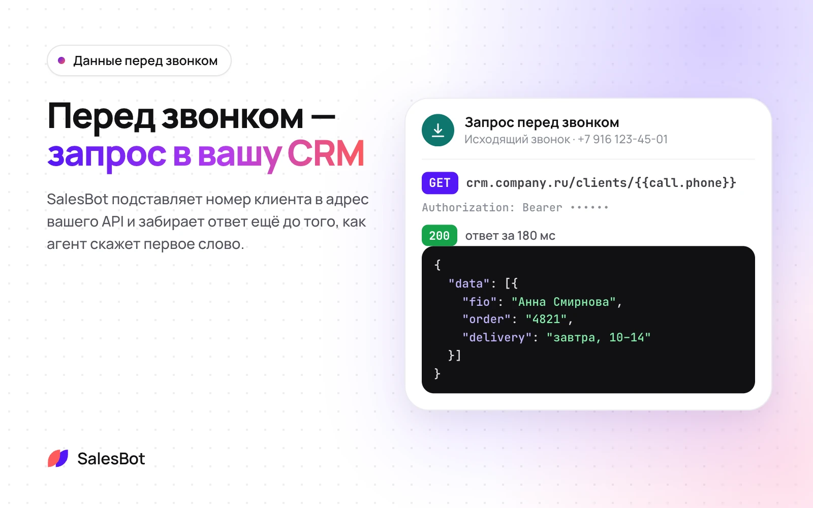 Данные клиента перед звонком: Перед звонком SalesBot запрашивает данные клиента в вашем API