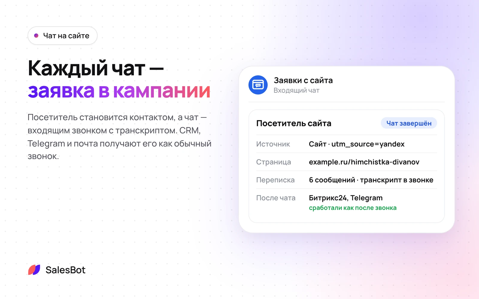 Чат сохраняется в кампании как входящий звонок